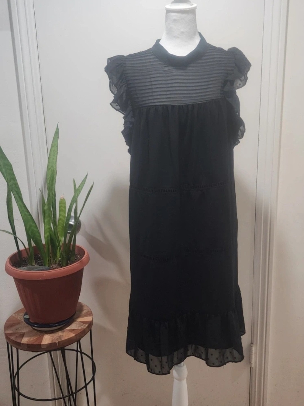 Who What Wear Black Ruffle Sleeve Midi Dress with Sheer Yoke